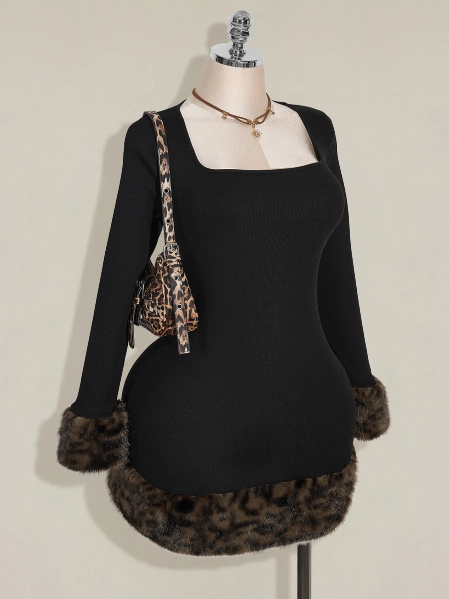SHEIN ICON 大码女式秋冬罗纹拼接豹纹仿皮草修身黑色迷你连衣裙 - 黑色 - 查看 1