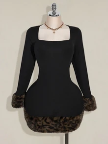 SHEIN ICON Women's Plus Size Autumn Black Elegant Formal Party Evening Night Out Club Square Neck Long Sleeve Ribbed Knit Leopard Print Faux Fur Patchwork Dress - Black - View 3
