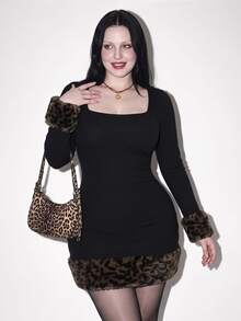 SHEIN ICON Women's Plus Size Autumn Black Elegant Formal Party Evening Night Out Club Square Neck Long Sleeve Ribbed Knit Leopard Print Faux Fur Patchwork Dress - Black - View 1