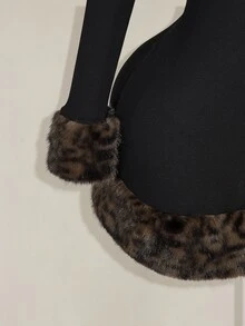 SHEIN ICON Women's Plus Size Autumn Black Elegant Formal Party Evening Night Out Club Square Neck Long Sleeve Ribbed Knit Leopard Print Faux Fur Patchwork Dress - Black - View 7