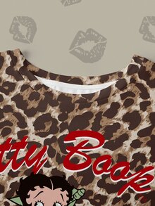 Betty Boop x SHEIN Betty Character Cherry English Print Leopard Print Plus Size Women's Round Neck Short Sleeve T-Shirt - White - View 6