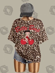 Betty Boop x SHEIN Betty Character Cherry English Print Leopard Print Plus Size Women's Round Neck Short Sleeve T-Shirt - White - View 4