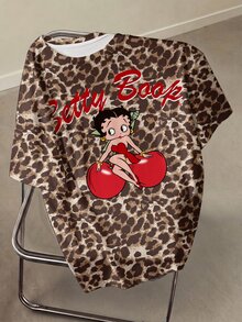 Betty Boop x SHEIN Betty Character Cherry English Print Leopard Print Plus Size Women's Round Neck Short Sleeve T-Shirt - White - View 3