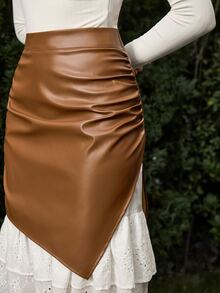 VOLUPTÉ CURVE PU Leather & Contrast Lace High Waist Ruched Asymmetric Slit 2 In 1 Mid-Length Skirt - Multicolor - View 9