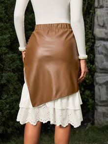 VOLUPTÉ CURVE PU Leather & Contrast Lace High Waist Ruched Asymmetric Slit 2 In 1 Mid-Length Skirt - Multicolor - View 3