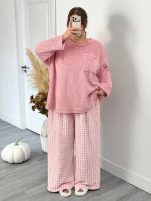 SHEIN CURVE+ 大尺碼女款純色長袖上衣格紋寬鬆長褲休閒可愛居家套裝 秋季居家睡衣 粉色 - 粉色 - 查看 5
