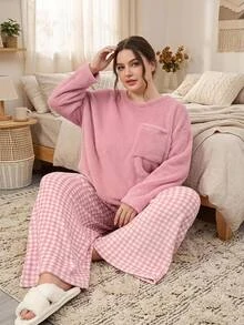 SHEIN CURVE+ 大尺碼女款純色長袖上衣格紋寬鬆長褲休閒可愛居家套裝 秋季居家睡衣 粉色 - 粉色 - 查看 1