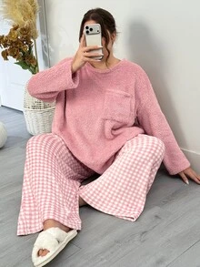 SHEIN CURVE+ 大尺碼女款純色長袖上衣格紋寬鬆長褲休閒可愛居家套裝 秋季居家睡衣 粉色 - 粉色 - 查看 4
