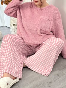 SHEIN CURVE+ 大尺碼女款純色長袖上衣格紋寬鬆長褲休閒可愛居家套裝 秋季居家睡衣 粉色 - 粉色 - 查看 3
