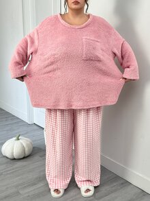 SHEIN CURVE+ 大尺碼女款純色長袖上衣格紋寬鬆長褲休閒可愛居家套裝 秋季居家睡衣 粉色 - 粉色 - 查看 6