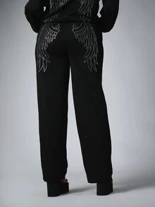 BABYPHAT Rhinestone Logo Straight Leg Casual Pants With Elastic Waist Full Length Side Pockets Relaxed Fit Fall Winter Everyday Style - Black - View 1