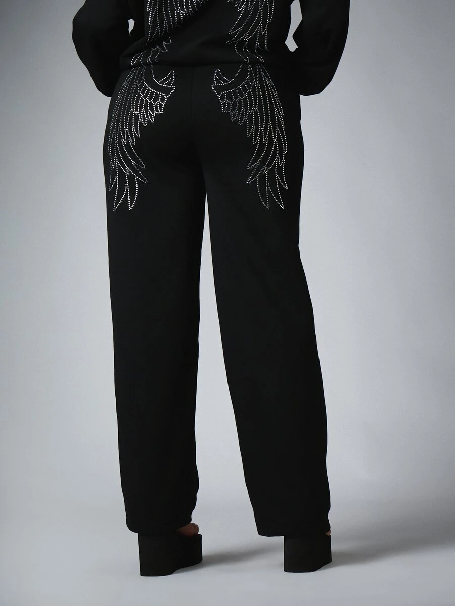 BABYPHAT Rhinestone Logo Straight Leg Casual Pants With Elastic Waist Full Length Side Pockets Relaxed Fit Fall Winter Everyday Style - Black - View 1