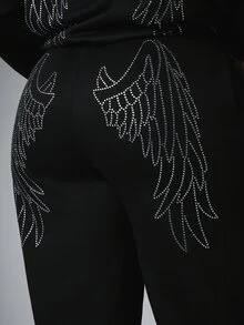 BABYPHAT Rhinestone Logo Straight Leg Casual Pants With Elastic Waist Full Length Side Pockets Relaxed Fit Fall Winter Everyday Style - Black - View 6