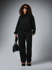 BABYPHAT Rhinestone Logo Straight Leg Casual Pants With Elastic Waist Full Length Side Pockets Relaxed Fit Fall Winter Everyday Style - Black - View 5