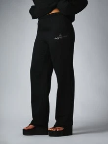 BABYPHAT Rhinestone Logo Straight Leg Casual Pants With Elastic Waist Full Length Side Pockets Relaxed Fit Fall Winter Everyday Style - Black - View 3