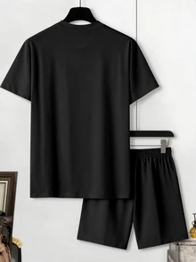 Manfinity Homme Men's Letter Print Short Sleeve T-Shirt And Casual Shorts 2pcs Set - Black - View 3