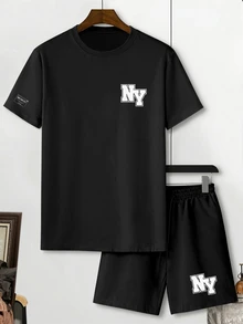 Manfinity Homme Men's Letter Print Short Sleeve T-Shirt And Casual Shorts 2pcs Set - Black - View 2