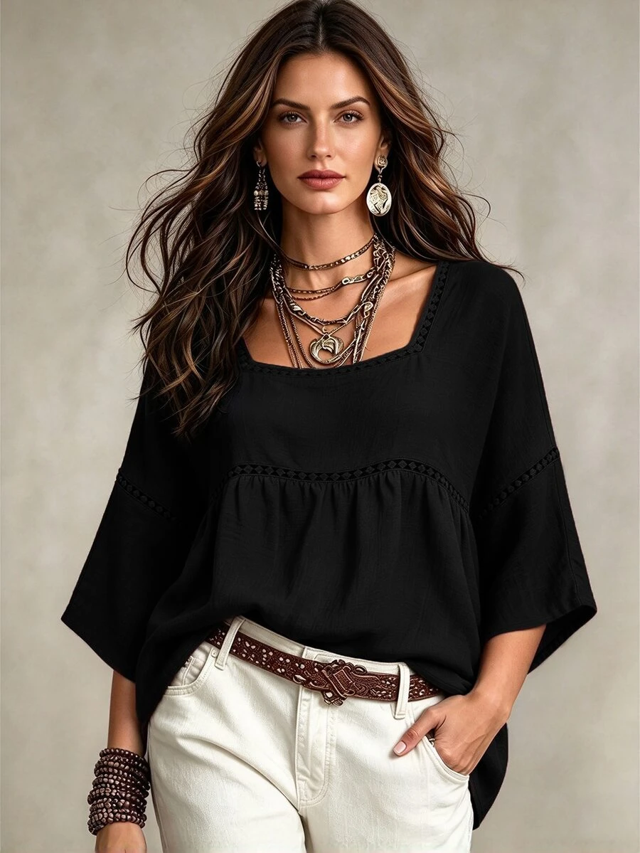 Linhara CURVE Plus Size Lady's Round-Neck Casual Resort Autumn Shirt - Black - View 1