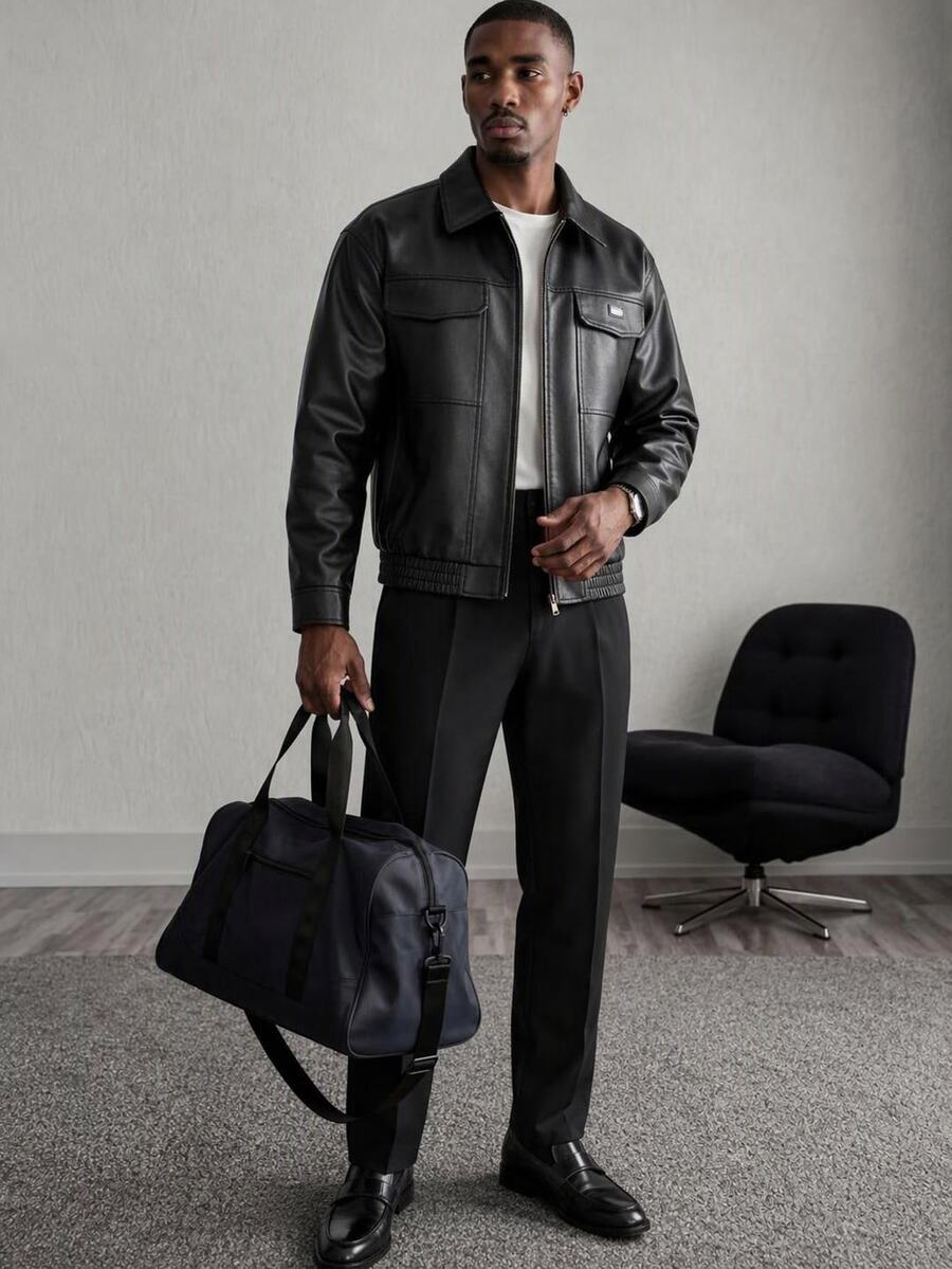 Mainfolk Men's Zipper Pocket Casual Versatile Daily Wear Long Sleeve Jacket, Spring, Outdoor - Black - View 1
