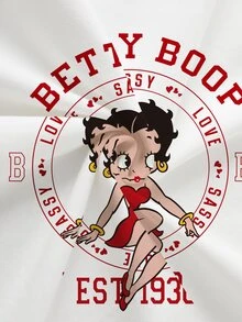 Betty Boop x SHEIN Plus Size Women's Letter Cartoon Print Round Neck Short Sleeve Casual T-Shirt - White - View 8
