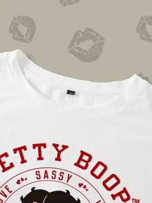Betty Boop x SHEIN Plus Size Women's Letter Cartoon Print Round Neck Short Sleeve Casual T-Shirt - White - View 5