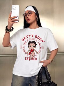 Betty Boop x SHEIN Plus Size Women's Letter Cartoon Print Round Neck Short Sleeve Casual T-Shirt - White - View 1