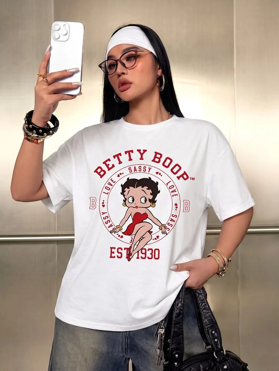 Betty Boop x SHEIN Plus Size Women's Letter Cartoon Print Round Neck Short Sleeve Casual T-Shirt - White - View 1