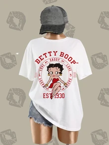 Betty Boop x SHEIN Plus Size Women's Letter Cartoon Print Round Neck Short Sleeve Casual T-Shirt - White - View 4
