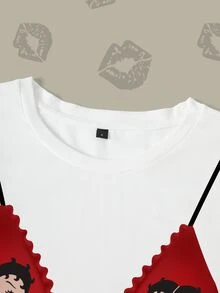 Betty Boop x SHEIN Casual kortärmad T-shirt för kvinnor med tecknat tryck för dagligt bruk - Vitt - Visa 4