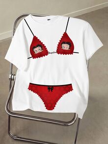 Betty Boop x SHEIN Casual kortärmad T-shirt för kvinnor med tecknat tryck för dagligt bruk - Vitt - Visa 3