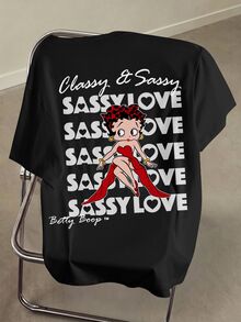 Betty Boop x SHEIN تي شيرت صيفي كاجوال بطباعة كرتونية مقاس كبير - أبيض - مشاهدة 9