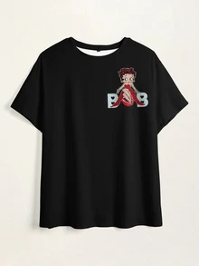 Betty Boop x SHEIN تي شيرت صيفي كاجوال بطباعة كرتونية مقاس كبير - أبيض - مشاهدة 10