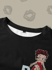 Betty Boop x SHEIN تي شيرت صيفي كاجوال بطباعة كرتونية مقاس كبير - أبيض - مشاهدة 5