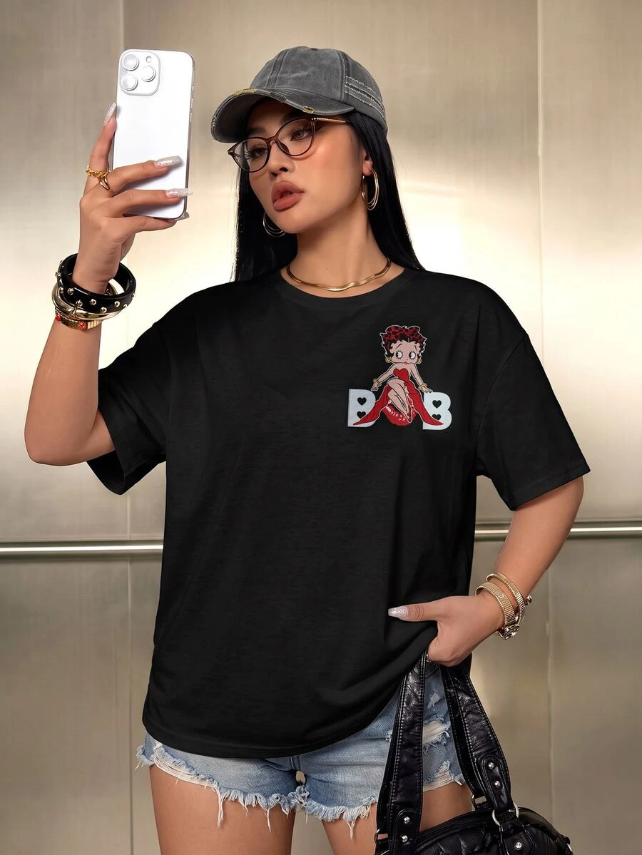 Betty Boop x SHEIN تي شيرت صيفي كاجوال بطباعة كرتونية مقاس كبير - أبيض - مشاهدة 1