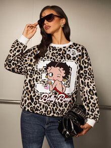 Betty Boop x SHEIN Women's Letter Cartoon Print Casual Everyday Long Sleeve Sweatshirt - White - View 1