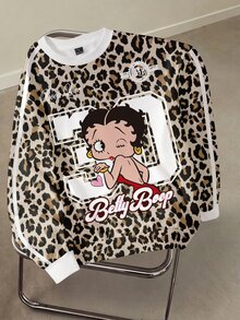 Betty Boop x SHEIN Women's Letter Cartoon Print Casual Everyday Long Sleeve Sweatshirt - White - View 3