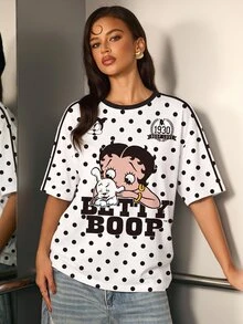 Betty Boop x SHEIN Women's Cartoon Print Polka Dot Round Neck Short Sleeve T-Shirt - White - View 1