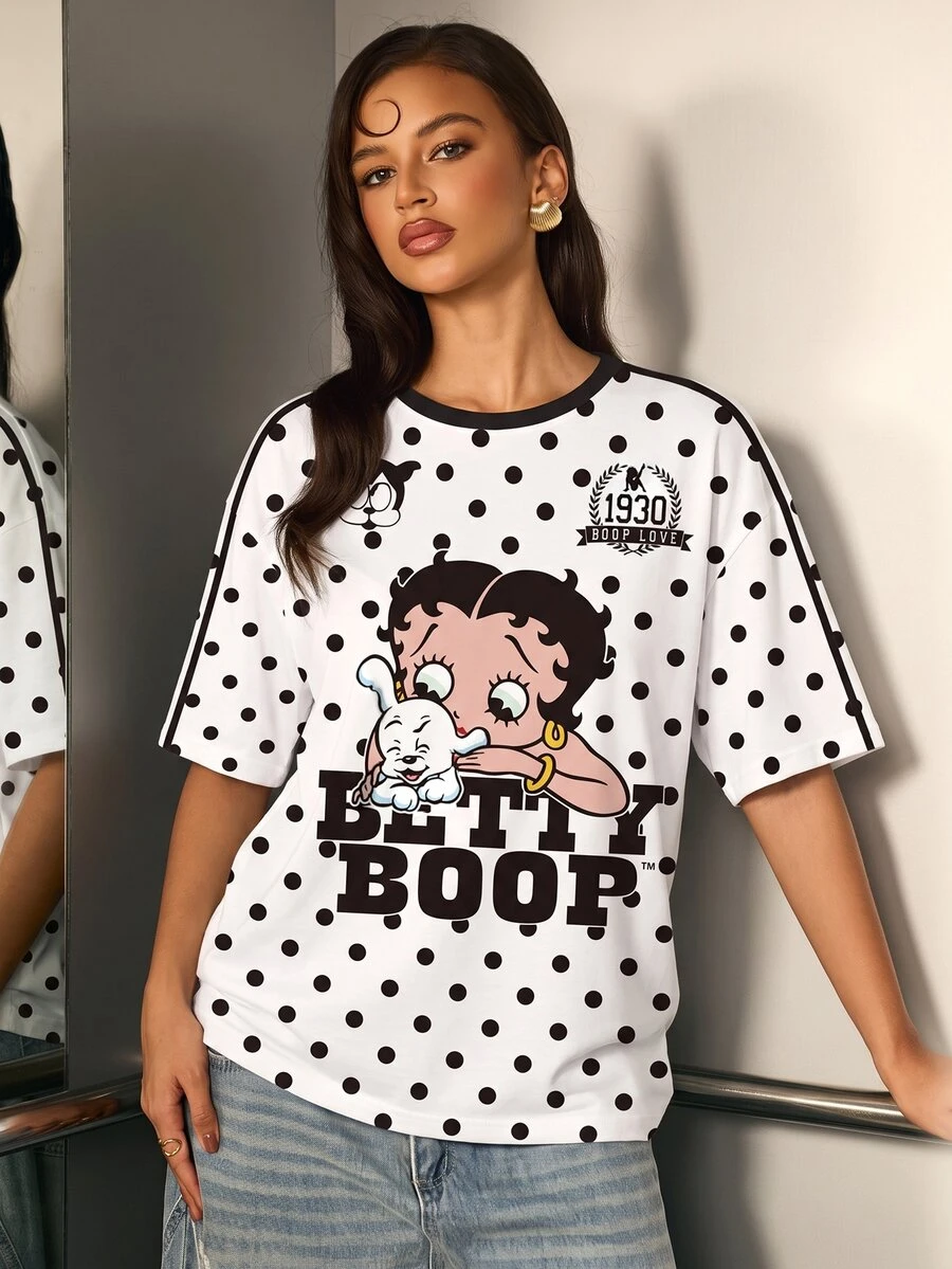 Betty Boop x SHEIN Women's Cartoon Print Polka Dot Round Neck Short Sleeve T-Shirt - White - View 1