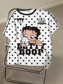 Betty Boop x SHEIN Women's Cartoon Print Polka Dot Round Neck Short Sleeve T-Shirt - White - View 5