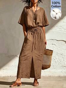 SHEIN Holidaya Essential Summer Loose Cotton Shirt Dress - Waistdefined Casual Vacation Dress - Brown - View 3