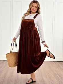 SHEIN CURVE+ Plus Size Casual Solid Color Dress For Autumn Christmas - Coffee Brown - View 5
