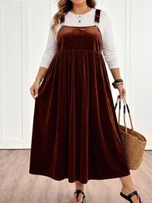 SHEIN CURVE+ Plus Size Casual Solid Color Dress For Autumn Christmas - Coffee Brown - View 3