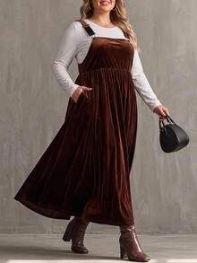 SHEIN CURVE+ Plus Size Casual Solid Color Dress For Autumn Christmas - Coffee Brown - View 8