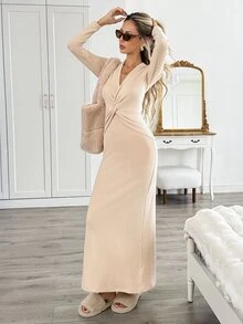 Easowa Women's Solid Color V-Neck Knot Design Long Sleeve Fitted Elegant Dress - Apricot - View 3