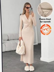 Easowa Women's Solid Color V-Neck Knot Design Long Sleeve Fitted Elegant Dress - Apricot - View 1