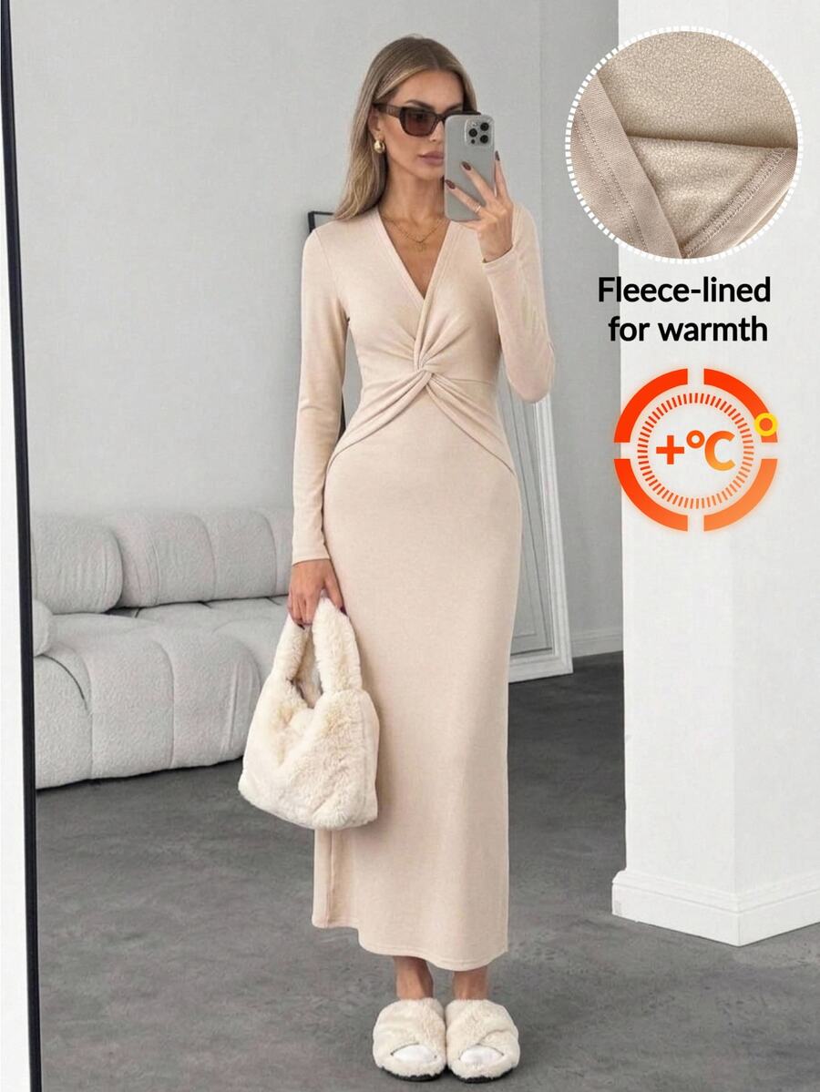 Easowa Women's Solid Color V-Neck Knot Design Long Sleeve Fitted Elegant Dress - Apricot - View 1