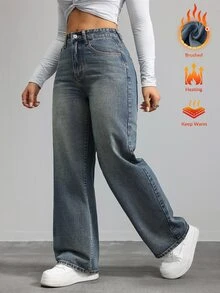 SHEIN ICON 大尺碼休閒日常穿著後扣式彈性腰直筒牛仔褲，丹寧刷毛布料，適合秋冬 - 深色水洗藍 - 查看 6