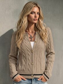SHEIN LUNE Women Solid Color Single Breasted Cable Knit Cardigan Sweater, Casual,Long Sleeve Tops Fall Winter Cloth For Women - Apricot - View 1