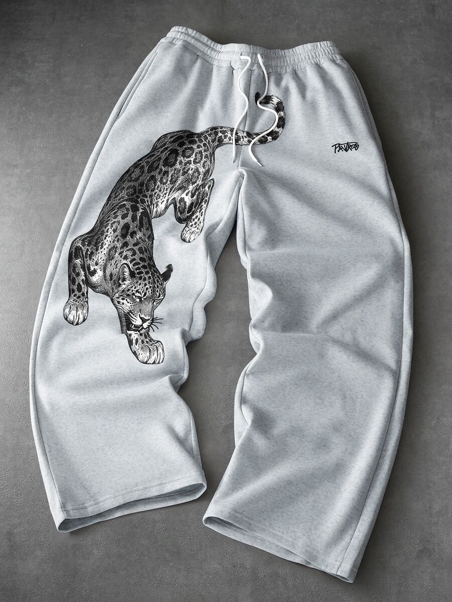 PAVTROS Men's Fashion Straight Leg Sweatpants, Retro Tiger Print Streetwear, Christmas Casual Wear, Relaxed Premium Style - Grey - View 1