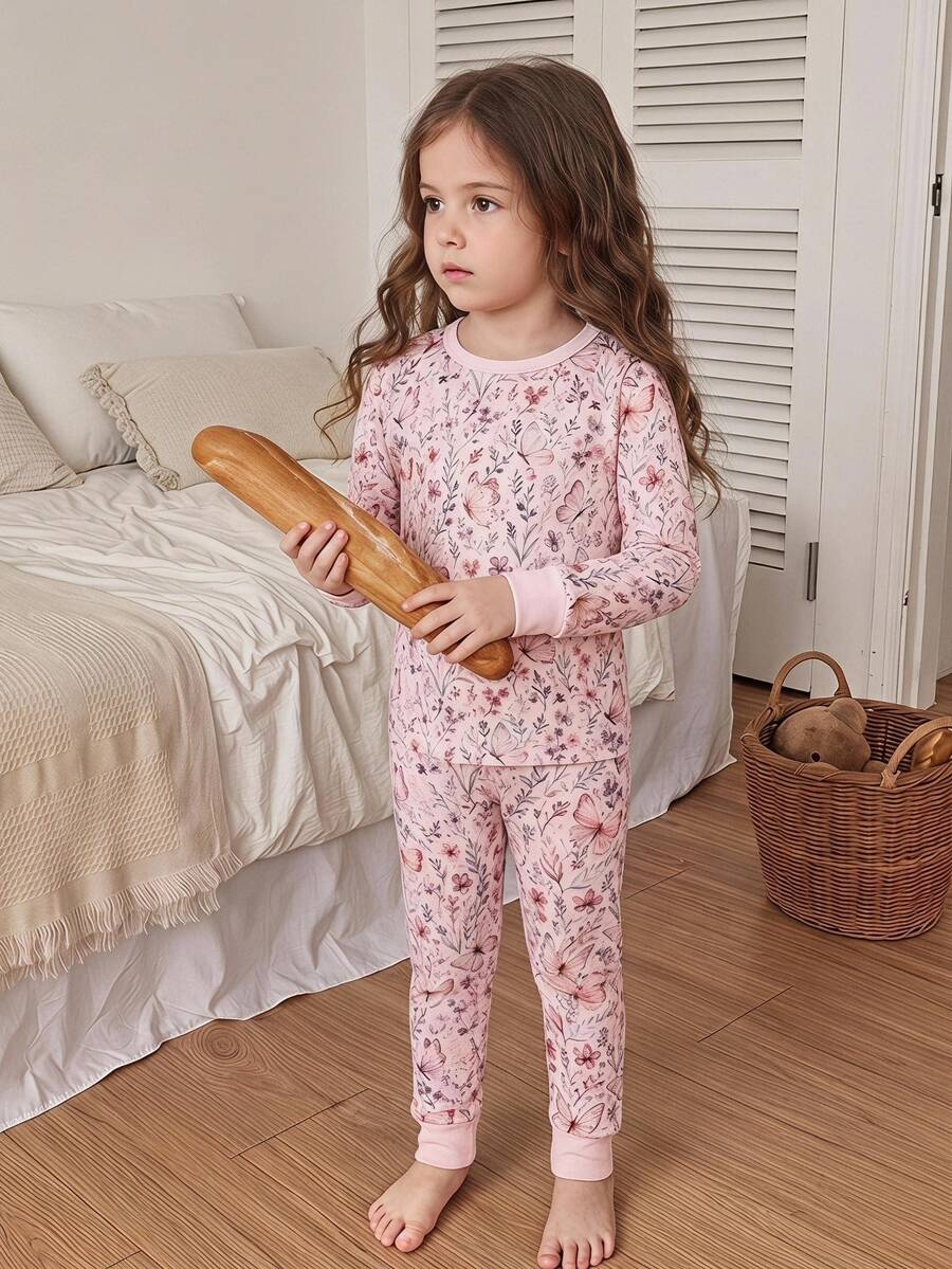 SHEIN Snug Fit Pajama Set For Girls Long Sleeve Top And Pants Elegant Fairy Princess Sweet Style Floral Butterfly Print 7th Birthday Pink Autumn